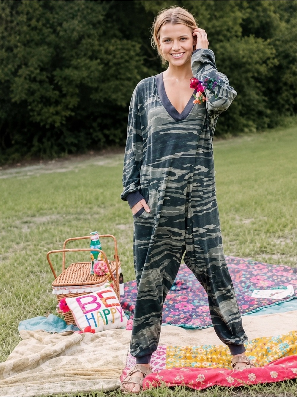 Natural Life Johnnie O Camouflage Slub Cotton Jumpsuit Size Small